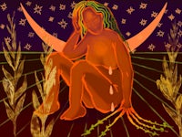 an illustration of a woman sitting on a field of wheat